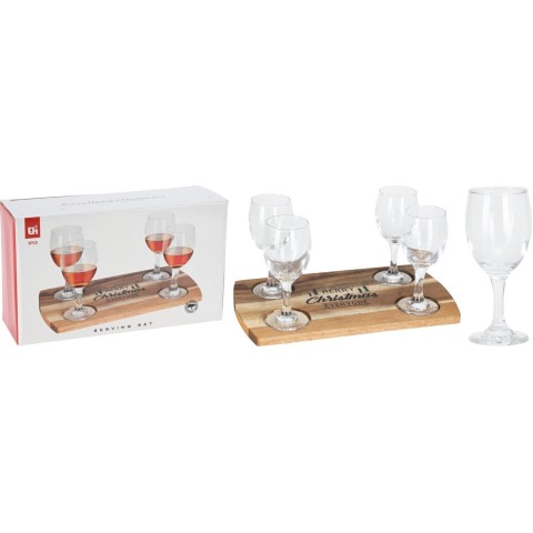 TAGLIERE LEGNO CON 4 BICCHIERI